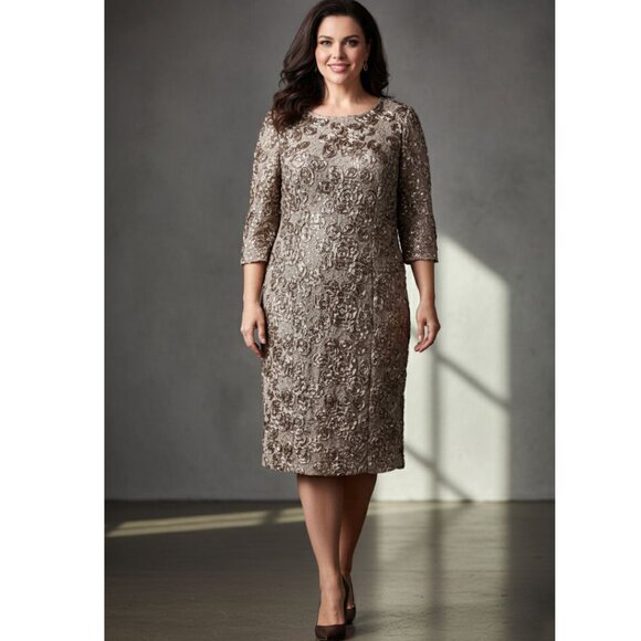 Alex Evenings Embellished Cocktail Dress, Taupe/Metallic, Womens Size 14W - Picture 1 of 8